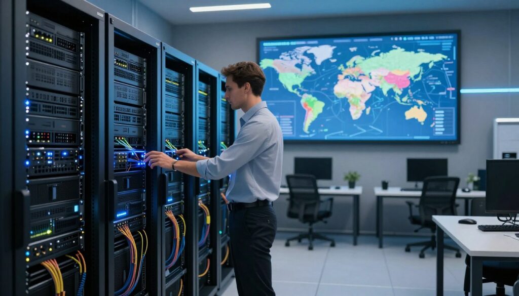 A sleek and modern IPTV server room, showcasing rows of high-tech server racks filled with blinking lights and cables. In the foreground, a professional technician in smart business attire inspects a server, emphasizing expertise and attention to detail. The middle ground features a large digital map on a wall display, highlighting various local service areas in vibrant colors, with details about signal coverage and connectivity. The background reveals a clean and organized workspace, illuminated by soft, ambient lighting that creates a futuristic atmosphere. The overall mood is one of efficiency and innovation, centered around the theme of IPTV services. Include the brand name "IPTVVUK.COM" subtly integrated into the overall design of the workspace, ensuring a cohesive look without any text overlays or distractions. A sleek and modern IPTV server room, showcasing rows of high-tech server racks filled with blinking lights and cables. In the foreground, a professional technician in smart business attire inspects a server, emphasizing expertise and attention to detail. The middle ground features a large digital map on a wall display, highlighting various local service areas in vibrant colors, with details about signal coverage and connectivity. The background reveals a clean and organized workspace, illuminated by soft, ambient lighting that creates a futuristic atmosphere. The overall mood is one of efficiency and innovation, centered around the theme of IPTV services. Include the brand name "IPTVVUK.COM" subtly integrated into the overall design of the workspace, ensuring a cohesive look without any text overlays or distractions.