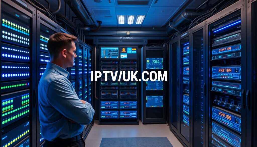 A sleek and modern IPTV streaming server setup, featuring multiple high-tech servers with LED lights blinking rhythmically, housed in a stylish data center. In the foreground, a technician in professional attire is adjusting the settings on a digital control panel, illuminated by soft blue lighting that enhances the high-tech atmosphere. In the middle ground, organized racks of servers showcase cutting-edge designs, with some screens displaying streaming statistics and quality metrics. The background hints at a broader view of the data center, with cables neatly managed and a cool color palette emphasizing a feel of efficiency and professionalism. The overall mood is focused and innovative, reflecting technology at its best. Include the brand name "IPTVVUK.COM" strategically integrated into the server design, clearly visible but not overpowering. A sleek and modern IPTV streaming server setup, featuring multiple high-tech servers with LED lights blinking rhythmically, housed in a stylish data center. In the foreground, a technician in professional attire is adjusting the settings on a digital control panel, illuminated by soft blue lighting that enhances the high-tech atmosphere. In the middle ground, organized racks of servers showcase cutting-edge designs, with some screens displaying streaming statistics and quality metrics. The background hints at a broader view of the data center, with cables neatly managed and a cool color palette emphasizing a feel of efficiency and professionalism. The overall mood is focused and innovative, reflecting technology at its best. Include the brand name "IPTVVUK.COM" strategically integrated into the server design, clearly visible but not overpowering.