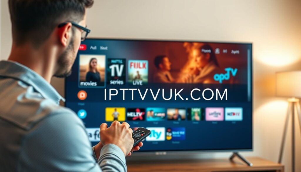 A sleek and modern IPTV user interface design showcased on a high-resolution digital screen. In the foreground, a user is interacting with the interface using a remote control, dressed in smart casual clothing. The middle layer features a vibrant and intuitive layout, with colorful thumbnails of various streaming content categories such as movies, series, and live TV. The background displays a cozy living room setting, softly lit with warm ambient lighting, conveying a comfortable and inviting atmosphere for entertainment. The user interface prominently displays the brand name "IPTVVUK.COM" in an elegant, minimalist font, emphasizing ease of navigation and user experience. The scene is composed from a slightly elevated angle, focusing on the screen while capturing the user's engagement. A sleek and modern IPTV user interface design showcased on a high-resolution digital screen. In the foreground, a user is interacting with the interface using a remote control, dressed in smart casual clothing. The middle layer features a vibrant and intuitive layout, with colorful thumbnails of various streaming content categories such as movies, series, and live TV. The background displays a cozy living room setting, softly lit with warm ambient lighting, conveying a comfortable and inviting atmosphere for entertainment. The user interface prominently displays the brand name "IPTVVUK.COM" in an elegant, minimalist font, emphasizing ease of navigation and user experience. The scene is composed from a slightly elevated angle, focusing on the screen while capturing the user's engagement.