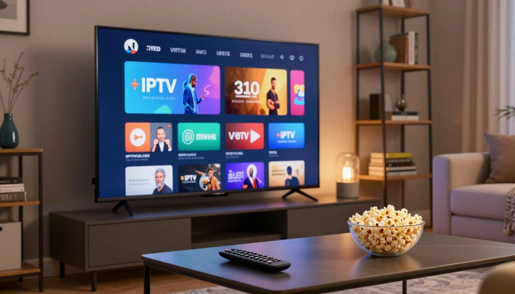 A sleek and modern digital living room scene featuring a large flat-screen TV displaying vibrant IPTV interface options with various streaming icons and categories. In the foreground, a stylish coffee table holds a remote control and a bowl of popcorn, emphasizing a cozy viewing atmosphere. The background shows shelves with books and decor, highlighting a contemporary design. Soft, warm lighting creates an inviting mood, with gentle shadows adding depth. The angle is a dynamic slightly elevated view, capturing both the TV and the comfortable couch. Include the brand name "IPTVVUK.COM" subtly integrated into the TV display, reflecting a premium IPTV service. The image should feel modern and appealing, perfect for illustrating the features of quality IPTV services. A sleek and modern digital living room scene featuring a large flat-screen TV displaying vibrant IPTV interface options with various streaming icons and categories. In the foreground, a stylish coffee table holds a remote control and a bowl of popcorn, emphasizing a cozy viewing atmosphere. The background shows shelves with books and decor, highlighting a contemporary design. Soft, warm lighting creates an inviting mood, with gentle shadows adding depth. The angle is a dynamic slightly elevated view, capturing both the TV and the comfortable couch. Include the brand name "IPTVVUK.COM" subtly integrated into the TV display, reflecting a premium IPTV service. The image should feel modern and appealing, perfect for illustrating the features of quality IPTV services.