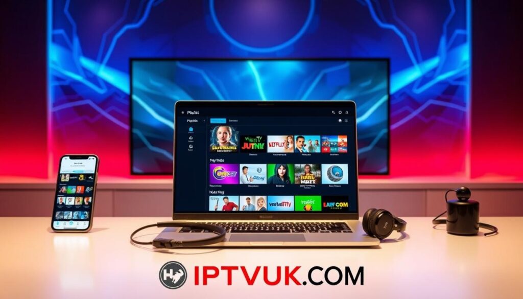 A sleek and modern digital workspace showcasing various IPTV playlists on multiple screens. In the foreground, a laptop displays an organized IPTV playlist interface with vivid thumbnails of popular shows and channels. To the left, a smartphone shows a user-friendly IPTV app, highlighting easy navigation features. The background features an abstract, tech-inspired wall, illuminated with soft blue and green ambient lighting to create a calm and inviting atmosphere. The overall mood suggests innovation and accessibility, designed to enhance the free IPTV experience. A stylish desk with a wireless headset, remote control, and the logo "IPTVVUK.COM" subtly integrated into the scene, conveys a perfect blend of technology and entertainment. A sleek and modern digital workspace showcasing various IPTV playlists on multiple screens. In the foreground, a laptop displays an organized IPTV playlist interface with vivid thumbnails of popular shows and channels. To the left, a smartphone shows a user-friendly IPTV app, highlighting easy navigation features. The background features an abstract, tech-inspired wall, illuminated with soft blue and green ambient lighting to create a calm and inviting atmosphere. The overall mood suggests innovation and accessibility, designed to enhance the free IPTV experience. A stylish desk with a wireless headset, remote control, and the logo "IPTVVUK.COM" subtly integrated into the scene, conveys a perfect blend of technology and entertainment.