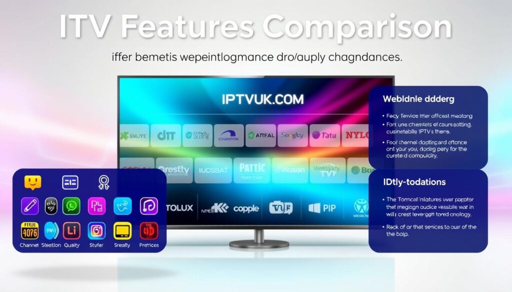 A sleek and modern infographic illustrating "IPTV Features Comparison," showcasing the advantages of affordable IPTV services. In the foreground, display vivid icons representing key features such as channel selection, streaming quality, user interface, and device compatibility. The middle ground should include a clear layout of various IPTV brands, with “IPTVVUK.COM” prominently featured. The background can be a soft gradient blending tech-inspired colors, enhancing a futuristic and digital atmosphere. Use bright, even lighting to ensure all elements are clear and engaging. The overall mood should be informative and accessible, aimed at helping viewers understand essential IPTV features without distraction. A sleek and modern infographic illustrating "IPTV Features Comparison," showcasing the advantages of affordable IPTV services. In the foreground, display vivid icons representing key features such as channel selection, streaming quality, user interface, and device compatibility. The middle ground should include a clear layout of various IPTV brands, with “IPTVVUK.COM” prominently featured. The background can be a soft gradient blending tech-inspired colors, enhancing a futuristic and digital atmosphere. Use bright, even lighting to ensure all elements are clear and engaging. The overall mood should be informative and accessible, aimed at helping viewers understand essential IPTV features without distraction.