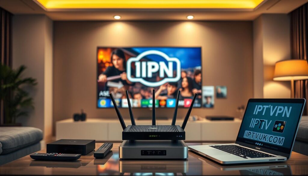 A sleek and modern living room setting forms the foreground, featuring a large flat-screen TV displaying vibrant IPTV content, with a VPN logo subtly integrated into the design. In the middle, a high-tech router glows softly, symbolizing the connectivity of IPTV services, surrounded by various streaming devices such as a smart box and remote controls. The background showcases a cozy ambiance with dimmed lighting, emphasizing a relaxing evening atmosphere. A coffee table adorned with a laptop showcasing the IPTVVUK.COM website adds a touch of professionalism. Soft focus and warm lighting highlight the technical nature of IPTV subscriptions, conveying a sense of security and advanced technology. The overall mood is inviting and informative, perfect for illustrating the technical requirements of IPTV subscriptions. A sleek and modern living room setting forms the foreground, featuring a large flat-screen TV displaying vibrant IPTV content, with a VPN logo subtly integrated into the design. In the middle, a high-tech router glows softly, symbolizing the connectivity of IPTV services, surrounded by various streaming devices such as a smart box and remote controls. The background showcases a cozy ambiance with dimmed lighting, emphasizing a relaxing evening atmosphere. A coffee table adorned with a laptop showcasing the IPTVVUK.COM website adds a touch of professionalism. Soft focus and warm lighting highlight the technical nature of IPTV subscriptions, conveying a sense of security and advanced technology. The overall mood is inviting and informative, perfect for illustrating the technical requirements of IPTV subscriptions.