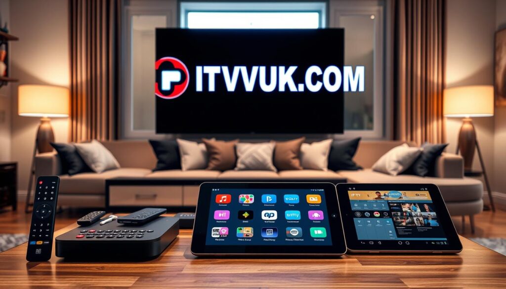 A sleek and modern living room setup, featuring a large flat-screen television displaying the IPTVVUK.COM logo in the vibrant colors typical of IPTV services. In the foreground, a stylish coffee table with various high-tech remote controls, streaming devices, and a tablet showcasing IPTV features such as on-demand content, live channels, and user-friendly interface. In the middle, a cozy sofa decorated with cushions, inviting viewers to relax while enjoying streaming. The background reveals a warm, ambient lighting setup to create a welcoming atmosphere. A large window allowing natural light to enter, hinting at a comfortable and tech-savvy environment perfect for cord-cutters. Overall, the vibe is contemporary and focused on entertainment technology, illustrating essential IPTV service features attractively and professionally. A sleek and modern living room setup, featuring a large flat-screen television displaying the IPTVVUK.COM logo in the vibrant colors typical of IPTV services. In the foreground, a stylish coffee table with various high-tech remote controls, streaming devices, and a tablet showcasing IPTV features such as on-demand content, live channels, and user-friendly interface. In the middle, a cozy sofa decorated with cushions, inviting viewers to relax while enjoying streaming. The background reveals a warm, ambient lighting setup to create a welcoming atmosphere. A large window allowing natural light to enter, hinting at a comfortable and tech-savvy environment perfect for cord-cutters. Overall, the vibe is contemporary and focused on entertainment technology, illustrating essential IPTV service features attractively and professionally.