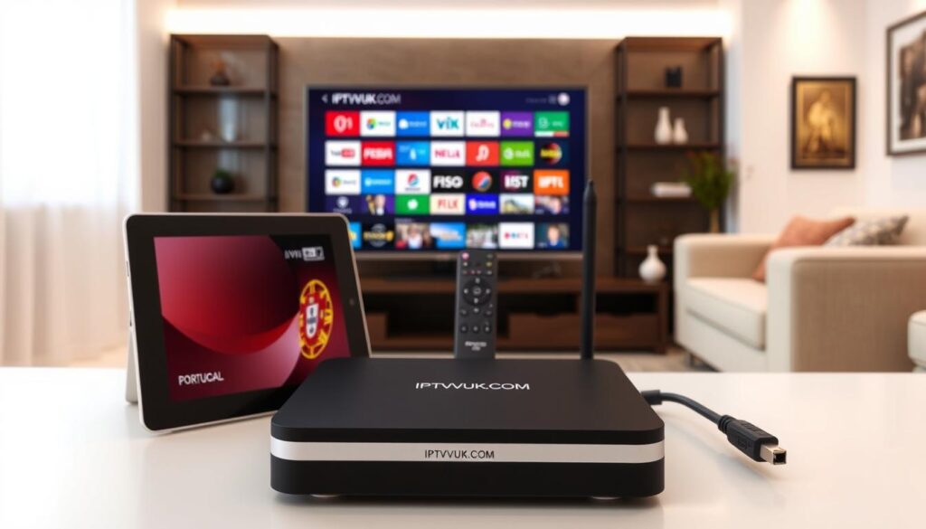 A sleek and modern living room setup featuring various IPTV devices compatible with Portuguese channels. In the foreground, display a stylish IPTV set-top box labeled "IPTVVUK.COM" with visible HDMI and power cables. To the left, showcase a tablet streaming Portuguese channels, highlighting the vibrant screen with familiar Portuguese logos. In the middle, position a smart TV showcasing a streaming interface filled with IPTV options, accompanied by a remote control. The background should depict a cozy atmosphere with soft lighting, a comfortable sofa, and decorative elements that suggest cultural ties to Portugal, such as traditional artwork. The image should convey a sense of ease and accessibility in enjoying IPTV Portuguese content. Ensure the color palette is warm and inviting, enhancing the mood of relaxation and entertainment. A sleek and modern living room setup featuring various IPTV devices compatible with Portuguese channels. In the foreground, display a stylish IPTV set-top box labeled "IPTVVUK.COM" with visible HDMI and power cables. To the left, showcase a tablet streaming Portuguese channels, highlighting the vibrant screen with familiar Portuguese logos. In the middle, position a smart TV showcasing a streaming interface filled with IPTV options, accompanied by a remote control. The background should depict a cozy atmosphere with soft lighting, a comfortable sofa, and decorative elements that suggest cultural ties to Portugal, such as traditional artwork. The image should convey a sense of ease and accessibility in enjoying IPTV Portuguese content. Ensure the color palette is warm and inviting, enhancing the mood of relaxation and entertainment.