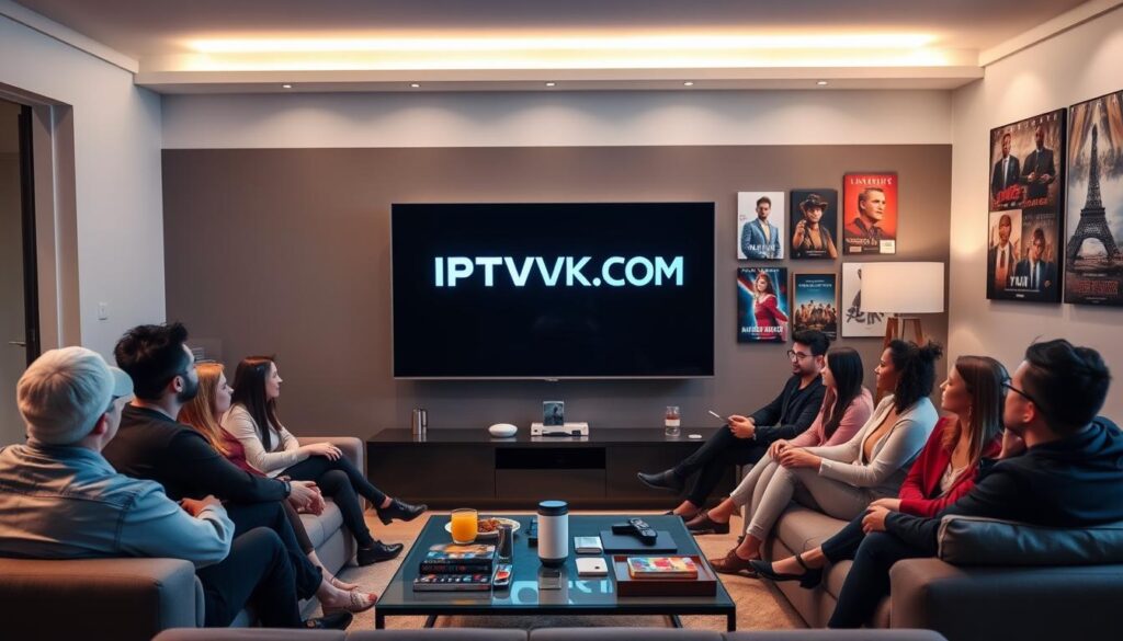 A sleek and modern living room with a large flat-screen TV prominently displaying IPTVVUK.COM's logo. In the foreground, a diverse group of people, dressed in smart casual attire, are seated comfortably on a stylish couch, engrossed in watching a variety of streaming content. The middle layer features a coffee table with remote controls, snacks, and digital devices, symbolizing the convenience of IPTV services. The background shows a well-decorated wall with posters of popular shows and movies, highlighting the rise of IPTV in the USA. Soft, ambient lighting creates a cozy atmosphere, emphasizing relaxation and enjoyment. The image should convey a sense of community and the contemporary appeal of IPTV services. A sleek and modern living room with a large flat-screen TV prominently displaying IPTVVUK.COM's logo. In the foreground, a diverse group of people, dressed in smart casual attire, are seated comfortably on a stylish couch, engrossed in watching a variety of streaming content. The middle layer features a coffee table with remote controls, snacks, and digital devices, symbolizing the convenience of IPTV services. The background shows a well-decorated wall with posters of popular shows and movies, highlighting the rise of IPTV in the USA. Soft, ambient lighting creates a cozy atmosphere, emphasizing relaxation and enjoyment. The image should convey a sense of community and the contemporary appeal of IPTV services.