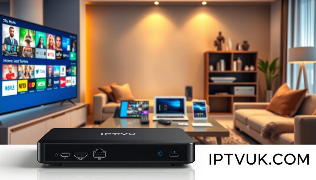 A sleek, modern IPTV device prominently displayed in the foreground, showcasing its ports and sleek design. Beside it, a high-definition television screen displays vibrant visuals of various streaming services, creating a vivid illustration of IPTV compatibility. In the middle ground, an array of popular devices like tablets, laptops, and smartphones is arranged, all seamlessly connecting to the IPTV device, symbolizing versatility. The background features a cozy living room setting, warmly lit with ambient lighting, creating an inviting atmosphere. A stylish coffee table holds a remote control, hinting at user interaction. The overall mood is contemporary and tech-savvy. Ensure to integrate the brand name "IPTVVUK.COM" subtly into the design, emphasizing reliability and innovation. A sleek, modern IPTV device prominently displayed in the foreground, showcasing its ports and sleek design. Beside it, a high-definition television screen displays vibrant visuals of various streaming services, creating a vivid illustration of IPTV compatibility. In the middle ground, an array of popular devices like tablets, laptops, and smartphones is arranged, all seamlessly connecting to the IPTV device, symbolizing versatility. The background features a cozy living room setting, warmly lit with ambient lighting, creating an inviting atmosphere. A stylish coffee table holds a remote control, hinting at user interaction. The overall mood is contemporary and tech-savvy. Ensure to integrate the brand name "IPTVVUK.COM" subtly into the design, emphasizing reliability and innovation.