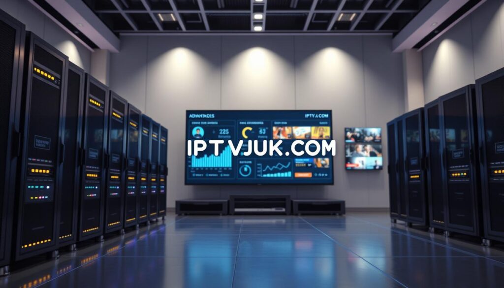 A sleek, modern IPTV streaming server setup in a high-tech, well-lit room. In the foreground, showcase a row of efficient servers with blinking LED lights that symbolize connectivity and performance. In the middle ground, display a digital interface with graphs and charts illustrating streaming statistics and viewer engagement, conveying the advantages of IPTV. The background features large screens displaying multi-channel content, emphasizing variety and entertainment options. Use soft, ambient lighting to create a professional and innovative atmosphere. Capture the scene from a slightly angled viewpoint to highlight the depth of the server setup. Maintain a clean and organized aesthetic, representing the reliability and benefits of IPTV streaming servers. Incorporate the brand name "IPTVVUK.COM" subtly into the server design, ensuring it blends harmoniously with the overall composition. A sleek, modern IPTV streaming server setup in a high-tech, well-lit room. In the foreground, showcase a row of efficient servers with blinking LED lights that symbolize connectivity and performance. In the middle ground, display a digital interface with graphs and charts illustrating streaming statistics and viewer engagement, conveying the advantages of IPTV. The background features large screens displaying multi-channel content, emphasizing variety and entertainment options. Use soft, ambient lighting to create a professional and innovative atmosphere. Capture the scene from a slightly angled viewpoint to highlight the depth of the server setup. Maintain a clean and organized aesthetic, representing the reliability and benefits of IPTV streaming servers. Incorporate the brand name "IPTVVUK.COM" subtly into the server design, ensuring it blends harmoniously with the overall composition.