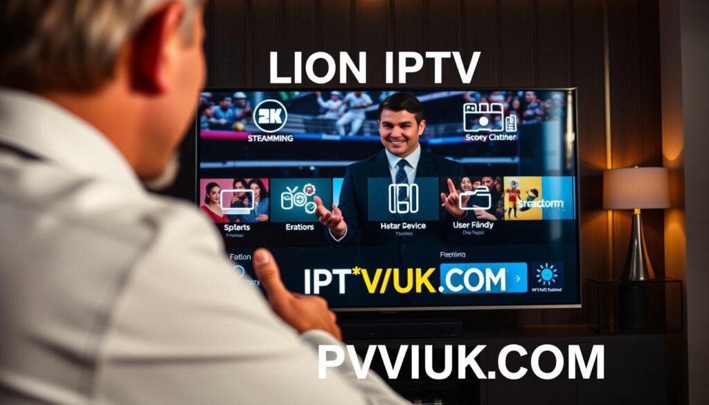 A sleek, modern digital interface showcasing the premium features of Lion IPTV. In the foreground, a high-resolution television screen displays vibrant visuals of live sports and entertainment, with polished icons symbolizing key features: 4K streaming, multiple device compatibility, and user-friendly navigation. The middle ground features a well-dressed professional, smiling and gesturing towards the screen, representing user satisfaction. The background includes a stylish home entertainment setup, dim ambient lighting enhancing the tech-savvy atmosphere. The mood is inviting and energetic, emphasizing innovation and accessibility in streaming services. Subtle reflections on the screen mirrors the brand name "IPTVVUK.COM," reinforcing its identity. Use a dynamic angle to capture the interaction effectively, providing a sense of immersion. A sleek, modern digital interface showcasing the premium features of Lion IPTV. In the foreground, a high-resolution television screen displays vibrant visuals of live sports and entertainment, with polished icons symbolizing key features: 4K streaming, multiple device compatibility, and user-friendly navigation. The middle ground features a well-dressed professional, smiling and gesturing towards the screen, representing user satisfaction. The background includes a stylish home entertainment setup, dim ambient lighting enhancing the tech-savvy atmosphere. The mood is inviting and energetic, emphasizing innovation and accessibility in streaming services. Subtle reflections on the screen mirrors the brand name "IPTVVUK.COM," reinforcing its identity. Use a dynamic angle to capture the interaction effectively, providing a sense of immersion.