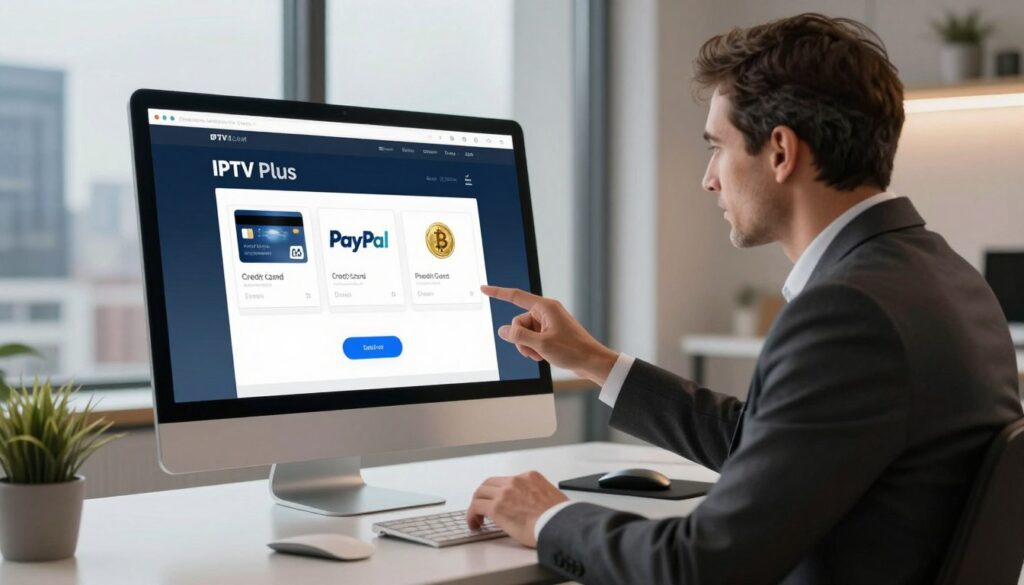A sleek modern digital workspace featuring a computer screen displaying the IPTV Plus interface with visible payment options like credit cards, PayPal, and cryptocurrencies. In the foreground, a well-dressed professional, a middle-aged man in a sharp suit, sits at a stylish desk, diligently reviewing payment choices on the screen. Soft ambient lighting illuminates the space, creating a professional yet inviting atmosphere, with a city skyline visible through a large window in the background. The colors are balanced and harmonious, emphasizing trust and security. In a subtle corner, the brand name "IPTVVUK.COM" is represented as part of the screen interface. The composition captures a sense of modernity, connectivity, and financial empowerment, making it ideal for illustrating payment options. A sleek modern digital workspace featuring a computer screen displaying the IPTV Plus interface with visible payment options like credit cards, PayPal, and cryptocurrencies. In the foreground, a well-dressed professional, a middle-aged man in a sharp suit, sits at a stylish desk, diligently reviewing payment choices on the screen. Soft ambient lighting illuminates the space, creating a professional yet inviting atmosphere, with a city skyline visible through a large window in the background. The colors are balanced and harmonious, emphasizing trust and security. In a subtle corner, the brand name "IPTVVUK.COM" is represented as part of the screen interface. The composition captures a sense of modernity, connectivity, and financial empowerment, making it ideal for illustrating payment options.