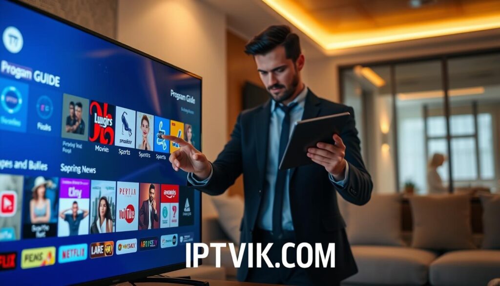 A sleek, modern electronic program guide displayed on a vibrant, high-definition screen. In the foreground, show the guide interface with colorful thumbnails representing various TV channels and organized categories such as Movies, Sports, and News. The middle layer features a stylish, professional individual in business attire engaged with a tablet, touching the screen interface, reflecting user interaction. The background is softly blurred, depicting a cozy living room setting with comfortable furniture and ambient lighting to create an inviting atmosphere. The lighting is warm, highlighting the details on the screen and enhancing the user experience vibe. Subtly incorporate the brand name "IPTVVUK.COM" into the design of the screen. A sleek, modern electronic program guide displayed on a vibrant, high-definition screen. In the foreground, show the guide interface with colorful thumbnails representing various TV channels and organized categories such as Movies, Sports, and News. The middle layer features a stylish, professional individual in business attire engaged with a tablet, touching the screen interface, reflecting user interaction. The background is softly blurred, depicting a cozy living room setting with comfortable furniture and ambient lighting to create an inviting atmosphere. The lighting is warm, highlighting the details on the screen and enhancing the user experience vibe. Subtly incorporate the brand name "IPTVVUK.COM" into the design of the screen.