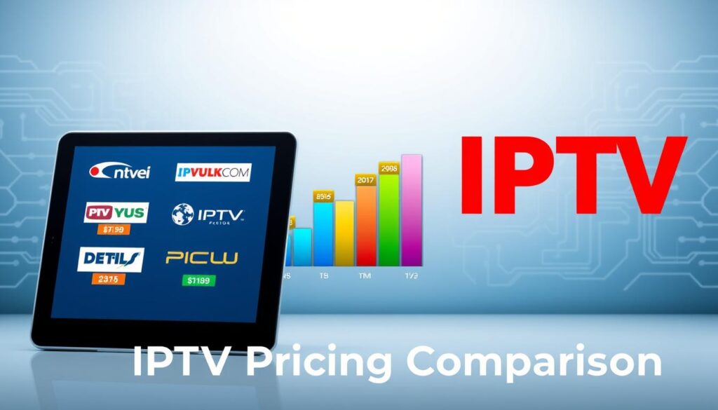 A sleek, modern infographic design representing an "IPTV Pricing Comparison." In the foreground, a professional-looking tablet displays various IPTV service logos, including "IPTVVUK.COM," with vibrant price tags next to each logo. The middle ground features a colorful bar graph or pie chart that visually represents the pricing structure of different IPTV services, using distinct colors for clarity. The background is a soft gradient of blue and white to enhance readability, with a tech-inspired pattern subtly incorporated. The lighting is bright and even, creating a clean and informative aesthetic. The overall mood is analytical and professional, ideal for an article discussing IPTV streaming services. A sleek, modern infographic design representing an "IPTV Pricing Comparison." In the foreground, a professional-looking tablet displays various IPTV service logos, including "IPTVVUK.COM," with vibrant price tags next to each logo. The middle ground features a colorful bar graph or pie chart that visually represents the pricing structure of different IPTV services, using distinct colors for clarity. The background is a soft gradient of blue and white to enhance readability, with a tech-inspired pattern subtly incorporated. The lighting is bright and even, creating a clean and informative aesthetic. The overall mood is analytical and professional, ideal for an article discussing IPTV streaming services.
