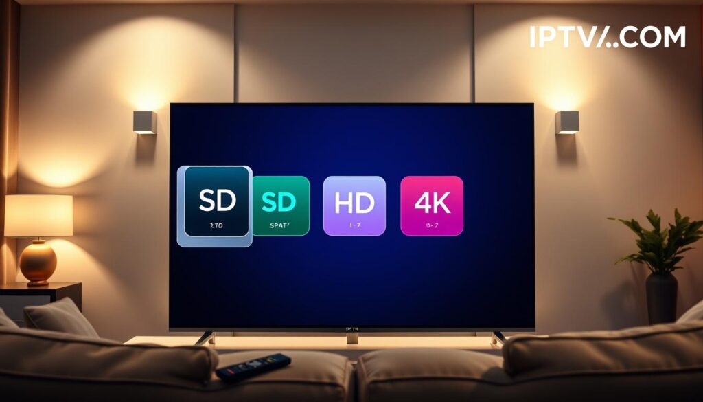 A sleek, modern interface illustrating IPTV streaming quality options showcased on a high-definition television screen in a stylish living room. In the foreground, the TV displays icons representing various streaming qualities such as SD, HD, and 4K with vibrant colors. The middle ground features a comfortable couch with a remote control resting nearby, symbolizing user-friendliness. The background consists of soft, ambient lighting that creates a cozy atmosphere, enhancing the home entertainment setting. Bright and crisp lighting highlights the screen, mimicking the clarity of the IPTV options. Include a subtle brand logo "IPTVVUK.COM" elegantly placed in the corner of the image. The overall mood should evoke excitement about modern streaming technology, inviting viewers to explore quality choices for IPTV services. A sleek, modern interface illustrating IPTV streaming quality options showcased on a high-definition television screen in a stylish living room. In the foreground, the TV displays icons representing various streaming qualities such as SD, HD, and 4K with vibrant colors. The middle ground features a comfortable couch with a remote control resting nearby, symbolizing user-friendliness. The background consists of soft, ambient lighting that creates a cozy atmosphere, enhancing the home entertainment setting. Bright and crisp lighting highlights the screen, mimicking the clarity of the IPTV options. Include a subtle brand logo "IPTVVUK.COM" elegantly placed in the corner of the image. The overall mood should evoke excitement about modern streaming technology, inviting viewers to explore quality choices for IPTV services.
