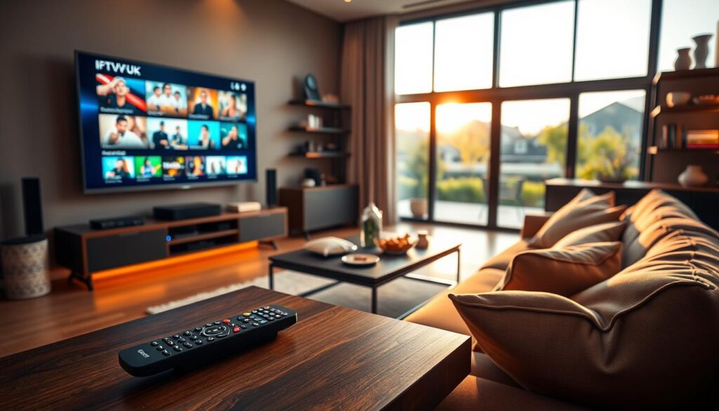 A sleek, modern living room designed for entertainment, featuring a large flat-screen TV displaying vibrant streaming content. In the foreground, a high-quality IPTV remote control rests on a stylish coffee table, illuminated by warm ambient lighting. The middle ground showcases a comfortable sofa with plush cushions, accompanied by a neatly arranged side table with snacks and beverages to create a cozy viewing atmosphere. In the background, soft-focus shelves are adorned with streaming devices and decorative items that hint at the world of IPTV. A large window shows a view of a sunny suburban landscape, enhancing the inviting mood. The image conveys a sense of excitement and quality, emphasizing the idea of premium IPTV service like "IPTVVUK.COM." Capture this scene with a slightly elevated angle in bright, natural light, emphasizing clarity and richness in color. A sleek, modern living room designed for entertainment, featuring a large flat-screen TV displaying vibrant streaming content. In the foreground, a high-quality IPTV remote control rests on a stylish coffee table, illuminated by warm ambient lighting. The middle ground showcases a comfortable sofa with plush cushions, accompanied by a neatly arranged side table with snacks and beverages to create a cozy viewing atmosphere. In the background, soft-focus shelves are adorned with streaming devices and decorative items that hint at the world of IPTV. A large window shows a view of a sunny suburban landscape, enhancing the inviting mood. The image conveys a sense of excitement and quality, emphasizing the idea of premium IPTV service like "IPTVVUK.COM." Capture this scene with a slightly elevated angle in bright, natural light, emphasizing clarity and richness in color.