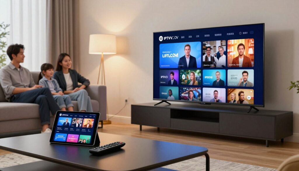 A sleek, modern living room featuring a large flat-screen television displaying vibrant IPTV streaming content, showcasing crisp, high-definition visuals. In the foreground, a stylish coffee table is adorned with a remote control and a tablet displaying the IPTVVUK.COM interface. The middle ground includes a comfortable sofa with a family casually enjoying the streaming experience, all dressed in professional business attire. The background features a well-lit room with soft, warm lighting that creates a cozy atmosphere, highlighting the advanced technology of the IPTV setup. The scene captures the essence of optimizing IPTV streaming quality, with an emphasis on visual clarity and user enjoyment. A sleek, modern living room featuring a large flat-screen television displaying vibrant IPTV streaming content, showcasing crisp, high-definition visuals. In the foreground, a stylish coffee table is adorned with a remote control and a tablet displaying the IPTVVUK.COM interface. The middle ground includes a comfortable sofa with a family casually enjoying the streaming experience, all dressed in professional business attire. The background features a well-lit room with soft, warm lighting that creates a cozy atmosphere, highlighting the advanced technology of the IPTV setup. The scene captures the essence of optimizing IPTV streaming quality, with an emphasis on visual clarity and user enjoyment.