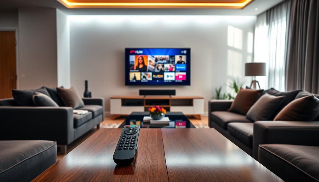 A sleek, modern living room interior featuring a high-definition television displaying vibrant IPTV streaming content in stunning 4K resolution. In the foreground, an elegant coffee table holds a remote control labeled with "IPTVVUK.COM," while plush sofas invite relaxation. In the middle background, a wall-mounted TV showcases colorful visuals of popular Portuguese channels, emphasizing dynamic scenes filled with culture. The room is illuminated by soft, ambient lighting that enhances the cozy atmosphere, with sunlight gently filtering through sheer curtains. The lens captures the scene from a slightly elevated angle, creating a sense of depth and inviting viewers into the space. The overall mood conveys excitement and sophistication for high-quality streaming experiences. A sleek, modern living room interior featuring a high-definition television displaying vibrant IPTV streaming content in stunning 4K resolution. In the foreground, an elegant coffee table holds a remote control labeled with "IPTVVUK.COM," while plush sofas invite relaxation. In the middle background, a wall-mounted TV showcases colorful visuals of popular Portuguese channels, emphasizing dynamic scenes filled with culture. The room is illuminated by soft, ambient lighting that enhances the cozy atmosphere, with sunlight gently filtering through sheer curtains. The lens captures the scene from a slightly elevated angle, creating a sense of depth and inviting viewers into the space. The overall mood conveys excitement and sophistication for high-quality streaming experiences.