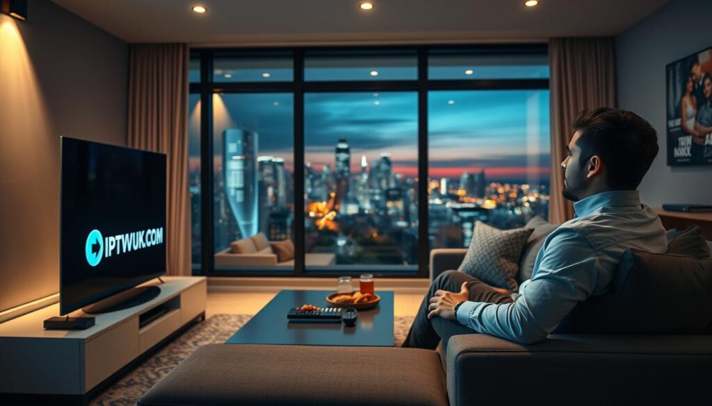 A sleek, modern living room scene is depicted in the foreground, featuring a stylish television displaying the logo "IPTVVUK.COM" prominently on the screen. A relaxed individual, dressed in professional business attire, sits on a comfortable sofa, engaged in streaming content. The middle layer includes a coffee table with a remote control and snacks, enhancing the inviting atmosphere. In the background, soft, ambient lighting creates a warm and cozy vibe, illuminated by a large window showing a cityscape at dusk. Use a cinematic angle to capture the entire setup, emphasizing the technological aspect of IPTV and VPN streaming services. The overall mood should be relaxed yet focused, highlighting the enjoyment of affordable streaming experience. A sleek, modern living room scene is depicted in the foreground, featuring a stylish television displaying the logo "IPTVVUK.COM" prominently on the screen. A relaxed individual, dressed in professional business attire, sits on a comfortable sofa, engaged in streaming content. The middle layer includes a coffee table with a remote control and snacks, enhancing the inviting atmosphere. In the background, soft, ambient lighting creates a warm and cozy vibe, illuminated by a large window showing a cityscape at dusk. Use a cinematic angle to capture the entire setup, emphasizing the technological aspect of IPTV and VPN streaming services. The overall mood should be relaxed yet focused, highlighting the enjoyment of affordable streaming experience.