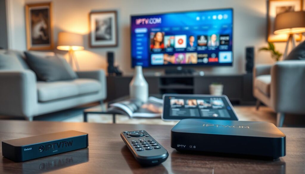 A sleek, modern living room setting as the foreground, showcasing various IPTV devices such as a compact streaming box, a high-tech remote control, and a smart TV displaying IPTVVUK.COM interface with vibrant colors. In the middle ground, there should be a stylish coffee table adorned with a few tech magazines and a tablet featuring streaming apps open, highlighting the interaction between devices and users. The background features a cozy sofa and elegantly framed artwork, creating a warm and inviting atmosphere. Use soft, natural lighting to enhance the ambiance, mimicking a late afternoon glow, with a slight depth of field to focus on the devices. The scene should evoke a sense of professionalism and comfort, perfect for evaluating premium IPTV services. A sleek, modern living room setting as the foreground, showcasing various IPTV devices such as a compact streaming box, a high-tech remote control, and a smart TV displaying IPTVVUK.COM interface with vibrant colors. In the middle ground, there should be a stylish coffee table adorned with a few tech magazines and a tablet featuring streaming apps open, highlighting the interaction between devices and users. The background features a cozy sofa and elegantly framed artwork, creating a warm and inviting atmosphere. Use soft, natural lighting to enhance the ambiance, mimicking a late afternoon glow, with a slight depth of field to focus on the devices. The scene should evoke a sense of professionalism and comfort, perfect for evaluating premium IPTV services.