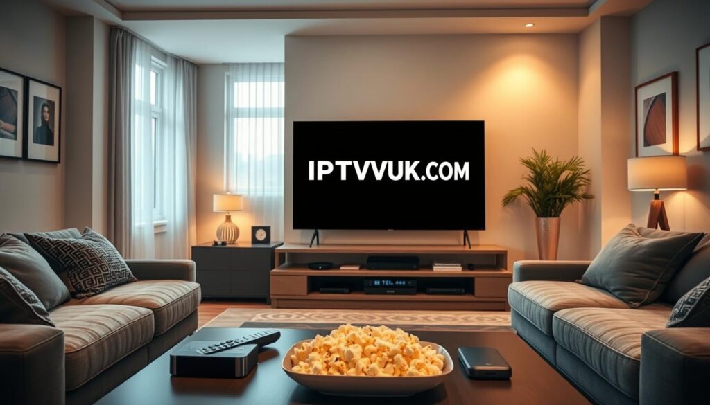 A sleek, modern living room setting showcasing a large flat-screen television displaying the logo of IPTVVUK.COM prominently. In the foreground, a stylish coffee table is adorned with a remote control, popcorn, and a few streaming devices. The middle ground features a cozy sofa with plush cushions, while a window in the background lets in soft, natural light, creating an inviting atmosphere. The walls are adorned with minimalist decor, reflecting a contemporary Canadian home aesthetic. Utilize warm lighting to enhance the comfortable vibe, emphasizing the joy of entertainment. Camera angle should be slightly from above, focusing on the TV and the details of the room to evoke a sense of relaxation and family bonding, promoting regional IPTV choices. A sleek, modern living room setting showcasing a large flat-screen television displaying the logo of IPTVVUK.COM prominently. In the foreground, a stylish coffee table is adorned with a remote control, popcorn, and a few streaming devices. The middle ground features a cozy sofa with plush cushions, while a window in the background lets in soft, natural light, creating an inviting atmosphere. The walls are adorned with minimalist decor, reflecting a contemporary Canadian home aesthetic. Utilize warm lighting to enhance the comfortable vibe, emphasizing the joy of entertainment. Camera angle should be slightly from above, focusing on the TV and the details of the room to evoke a sense of relaxation and family bonding, promoting regional IPTV choices.