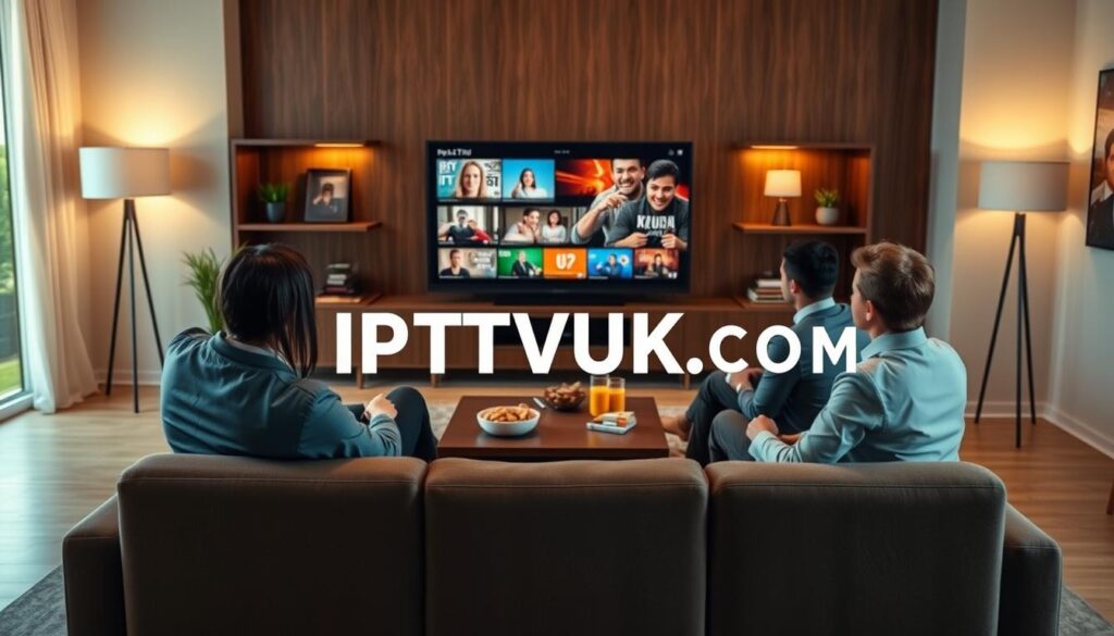 A sleek, modern living room setup showcasing a family enjoying an IPTV service. In the foreground, a diverse group of people, dressed in professional business attire, are sitting comfortably on a stylish sofa, engaged in watching content on a large flat-screen TV displaying vibrant images of various IPTV features. In the middle, a coffee table holds a remote control and snacks, highlighting the relaxed atmosphere. The background features a cozy ambiance with soft lighting from elegant lamps, and decorative elements like bookshelves and plants. Through a window, natural light filters in, enhancing the inviting mood. The brand name "IPTVVUK.COM" is subtly integrated into the design of the living room decor, creating a harmonious and informative image that encapsulates key IPTV service features. A sleek, modern living room setup showcasing a family enjoying an IPTV service. In the foreground, a diverse group of people, dressed in professional business attire, are sitting comfortably on a stylish sofa, engaged in watching content on a large flat-screen TV displaying vibrant images of various IPTV features. In the middle, a coffee table holds a remote control and snacks, highlighting the relaxed atmosphere. The background features a cozy ambiance with soft lighting from elegant lamps, and decorative elements like bookshelves and plants. Through a window, natural light filters in, enhancing the inviting mood. The brand name "IPTVVUK.COM" is subtly integrated into the design of the living room decor, creating a harmonious and informative image that encapsulates key IPTV service features.