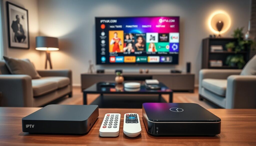 A sleek modern living room showcases various IPTV devices on a stylish entertainment unit. In the foreground, two IPTV set-top boxes, one matte black and the other glossy white, are prominently displayed next to a vibrant smart remote control. The middle ground features a large flat-screen TV showcasing a vibrant menu interface from IPTVVUK.COM. The background presents a cozy ambiance with soft, warm lighting, highlighting plush furniture and tasteful decor that indicates a trendy, tech-savvy environment. The overall mood is inviting and contemporary, emphasizing convenience and entertainment for cord-cutters. Picture taken with a wide-angle lens to capture the full scene, focusing on clarity and depth. The composition is free from any text, ensuring a clean and professional appearance. A sleek modern living room showcases various IPTV devices on a stylish entertainment unit. In the foreground, two IPTV set-top boxes, one matte black and the other glossy white, are prominently displayed next to a vibrant smart remote control. The middle ground features a large flat-screen TV showcasing a vibrant menu interface from IPTVVUK.COM. The background presents a cozy ambiance with soft, warm lighting, highlighting plush furniture and tasteful decor that indicates a trendy, tech-savvy environment. The overall mood is inviting and contemporary, emphasizing convenience and entertainment for cord-cutters. Picture taken with a wide-angle lens to capture the full scene, focusing on clarity and depth. The composition is free from any text, ensuring a clean and professional appearance.