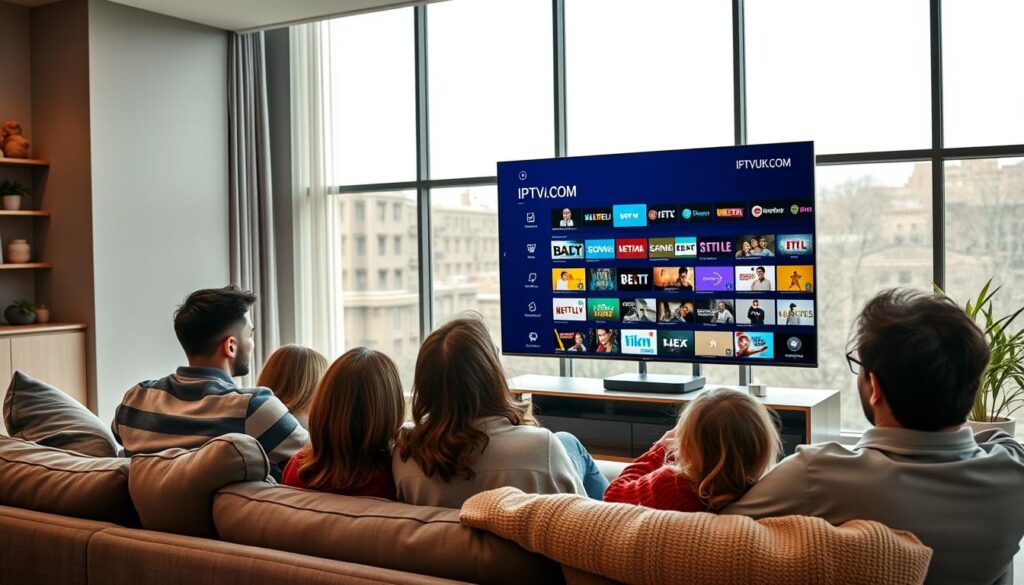 A sleek, modern living room showcasing a family using IPTV services. In the foreground, a diverse family of four, dressed in casual, cozy clothing, sits on a stylish couch, engaged in watching an IPTV service on a large, flat-screen television. The middle ground features the TV displaying an array of colorful streaming content interfaces from IPTVVUK.COM, illustrating a user-friendly menu. In the background, large windows allow soft natural light to flood the room, creating a warm and inviting atmosphere. The scene captures a cozy family movie night, reflecting convenience and modern technology for cord-cutters. The overall mood is relaxed and joyful, emphasizing the benefits of IPTV services for various viewing needs. A sleek, modern living room showcasing a family using IPTV services. In the foreground, a diverse family of four, dressed in casual, cozy clothing, sits on a stylish couch, engaged in watching an IPTV service on a large, flat-screen television. The middle ground features the TV displaying an array of colorful streaming content interfaces from IPTVVUK.COM, illustrating a user-friendly menu. In the background, large windows allow soft natural light to flood the room, creating a warm and inviting atmosphere. The scene captures a cozy family movie night, reflecting convenience and modern technology for cord-cutters. The overall mood is relaxed and joyful, emphasizing the benefits of IPTV services for various viewing needs.