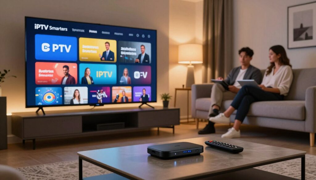 A sleek, modern living room showcasing a large flat-screen TV displaying the IPTV Smarters interface, emphasizing user-friendly navigation and vibrant streaming options. In the foreground, a stylish coffee table holds a Chromecast device and a remote control, symbolizing advanced technology. The middle ground features a cozy couch with a couple of individuals dressed in professional attire discussing the IPTV features. The background is a softly lit room with ambient lighting, accentuating a warm and inviting atmosphere. The lighting is soft and diffused, creating a tranquil vibe suitable for streaming. The overall mood conveys a sense of sophistication and advanced tech integration in everyday life. The brand name "IPTVVUK.COM" subtly integrated into the scene emphasizes brand recognition without distracting from the main focus. A sleek, modern living room showcasing a large flat-screen TV displaying the IPTV Smarters interface, emphasizing user-friendly navigation and vibrant streaming options. In the foreground, a stylish coffee table holds a Chromecast device and a remote control, symbolizing advanced technology. The middle ground features a cozy couch with a couple of individuals dressed in professional attire discussing the IPTV features. The background is a softly lit room with ambient lighting, accentuating a warm and inviting atmosphere. The lighting is soft and diffused, creating a tranquil vibe suitable for streaming. The overall mood conveys a sense of sophistication and advanced tech integration in everyday life. The brand name "IPTVVUK.COM" subtly integrated into the scene emphasizes brand recognition without distracting from the main focus.