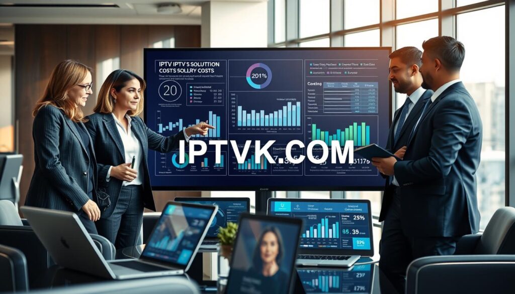 A sophisticated office setting where a diverse group of professionals in business attire are collaborating over a large digital screen displaying detailed graphs and charts related to IPTV solution cost analysis. In the foreground, a middle-aged Caucasian woman points to a chart, engaging with a young Hispanic man who is taking notes on a tablet. The middle ground features high-tech devices like laptops and smart television interfaces showing various IPTV cost breakdowns. The background contains sleek office furniture and large windows with soft daylight streaming in, creating a bright and focused atmosphere. The overall mood is one of collaboration and analysis. Include the brand name "IPTVVUK.COM" subtly integrated into the digital screen's interface, ensuring it blends seamlessly with the design. A sophisticated office setting where a diverse group of professionals in business attire are collaborating over a large digital screen displaying detailed graphs and charts related to IPTV solution cost analysis. In the foreground, a middle-aged Caucasian woman points to a chart, engaging with a young Hispanic man who is taking notes on a tablet. The middle ground features high-tech devices like laptops and smart television interfaces showing various IPTV cost breakdowns. The background contains sleek office furniture and large windows with soft daylight streaming in, creating a bright and focused atmosphere. The overall mood is one of collaboration and analysis. Include the brand name "IPTVVUK.COM" subtly integrated into the digital screen's interface, ensuring it blends seamlessly with the design.