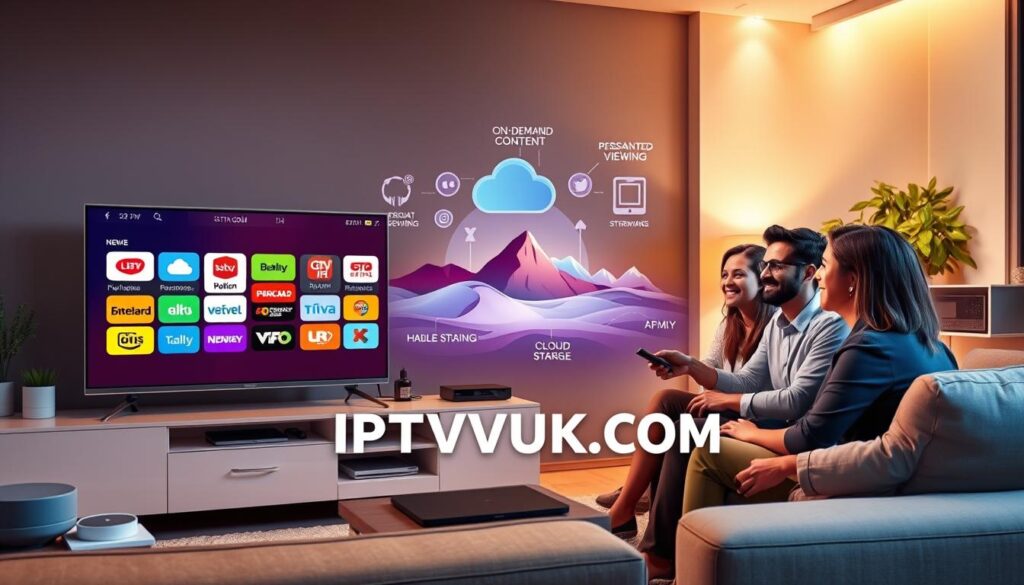 A vibrant and informative illustration depicting the benefits of IPTV over traditional cable television. In the foreground, a modern living room setup with a sleek television displaying colorful IPTV channel logos, showcasing variety and accessibility. A family of diverse professionals, dressed in smart casual attire, gather around the TV, smiling and engaging with a remote in hand. In the middle ground, visually appealing graphics symbolize features like on-demand content, personalized viewing, and cloud storage, with an abstract representation of a digital landscape. The background is adorned with elegant streaming devices and a cozy ambiance created by soft lighting, casting a warm glow. Aim for a bright and inviting atmosphere that emphasizes modern technology and family enjoyment. Incorporate the brand name "IPTVVUK.COM" subtly within the digital elements of the image. A vibrant and informative illustration depicting the benefits of IPTV over traditional cable television. In the foreground, a modern living room setup with a sleek television displaying colorful IPTV channel logos, showcasing variety and accessibility. A family of diverse professionals, dressed in smart casual attire, gather around the TV, smiling and engaging with a remote in hand. In the middle ground, visually appealing graphics symbolize features like on-demand content, personalized viewing, and cloud storage, with an abstract representation of a digital landscape. The background is adorned with elegant streaming devices and a cozy ambiance created by soft lighting, casting a warm glow. Aim for a bright and inviting atmosphere that emphasizes modern technology and family enjoyment. Incorporate the brand name "IPTVVUK.COM" subtly within the digital elements of the image.