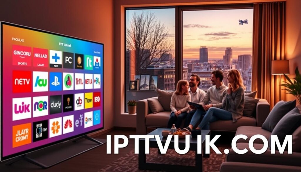 A vibrant digital collage showcasing popular Finnish IPTV channels, featuring notable logos and icons representing various content genres such as sports, drama, news, and children’s programming. In the foreground, a sleek modern TV displaying a colorful interface with channel thumbnails, capturing the essence of cutting-edge technology. The middle ground features a stylish living room setting, with a comfortable sofa and a coffee table, where a family of four is engaged in watching their favorite shows, all dressed in casual, modest attire. The background presents a contemporary Finnish cityscape through a window, bathed in warm evening light, creating a cozy and inviting atmosphere. The artwork includes the brand name "IPTVVUK.COM" subtly integrated into the design, blending seamlessly with the overall composition. A vibrant digital collage showcasing popular Finnish IPTV channels, featuring notable logos and icons representing various content genres such as sports, drama, news, and children’s programming. In the foreground, a sleek modern TV displaying a colorful interface with channel thumbnails, capturing the essence of cutting-edge technology. The middle ground features a stylish living room setting, with a comfortable sofa and a coffee table, where a family of four is engaged in watching their favorite shows, all dressed in casual, modest attire. The background presents a contemporary Finnish cityscape through a window, bathed in warm evening light, creating a cozy and inviting atmosphere. The artwork includes the brand name "IPTVVUK.COM" subtly integrated into the design, blending seamlessly with the overall composition.