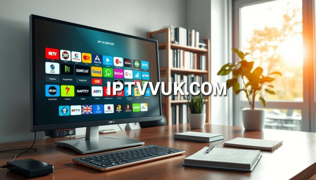 A vibrant digital workspace showcasing an IPTV channel repository. In the foreground, a sleek computer monitor displays a colorful interface with various IPTV channel icons arranged in a grid pattern. Beside the monitor, a modern keyboard and a notepad with technical notes reflect the theme of discovering IPTV channels. In the middle layer, an organized bookshelf filled with tech-related books and a potted plant adds a touch of liveliness. The background features a large window letting in natural light, casting a warm glow across the scene. The overall mood is dynamic and professional, suggesting innovation and accessibility in technology. The brand name "IPTVVUK.COM" is subtly included within the interface on the monitor, emphasizing the channel repository. A vibrant digital workspace showcasing an IPTV channel repository. In the foreground, a sleek computer monitor displays a colorful interface with various IPTV channel icons arranged in a grid pattern. Beside the monitor, a modern keyboard and a notepad with technical notes reflect the theme of discovering IPTV channels. In the middle layer, an organized bookshelf filled with tech-related books and a potted plant adds a touch of liveliness. The background features a large window letting in natural light, casting a warm glow across the scene. The overall mood is dynamic and professional, suggesting innovation and accessibility in technology. The brand name "IPTVVUK.COM" is subtly included within the interface on the monitor, emphasizing the channel repository.