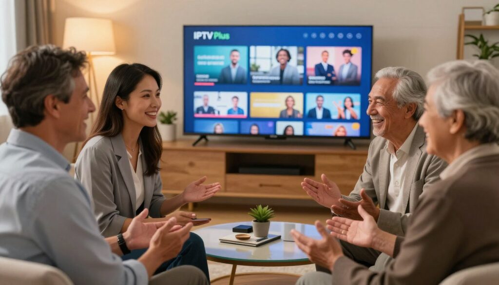 A vibrant image depicting customer testimonials for IPTV Plus, showcasing a diverse group of satisfied customers in professional attire, happily sharing their experiences. In the foreground, focus on three individuals – a middle-aged man, a young woman, and a senior couple – each smiling and engaged in conversation. The middle layer features a sleek TV displaying IPTV Plus content, illustrating its user-friendly interface. In the background, a cozy living room ambiance enhances the scene, with soft, warm lighting casting a welcoming glow. The overall mood is positive and encouraging, reflecting the satisfaction and enjoyment of the IPTV Plus service. No text or branding visible, yet subtly incorporate the brand colors of IPTVVUK.COM in the decor. A vibrant image depicting customer testimonials for IPTV Plus, showcasing a diverse group of satisfied customers in professional attire, happily sharing their experiences. In the foreground, focus on three individuals – a middle-aged man, a young woman, and a senior couple – each smiling and engaged in conversation. The middle layer features a sleek TV displaying IPTV Plus content, illustrating its user-friendly interface. In the background, a cozy living room ambiance enhances the scene, with soft, warm lighting casting a welcoming glow. The overall mood is positive and encouraging, reflecting the satisfaction and enjoyment of the IPTV Plus service. No text or branding visible, yet subtly incorporate the brand colors of IPTVVUK.COM in the decor.
