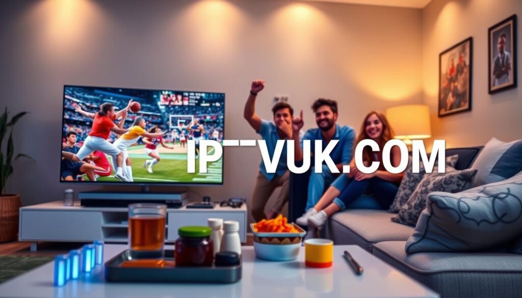 A vibrant living room scene featuring a sleek, modern television displaying dynamic sports events, showcasing a variety of sports like football, basketball, and tennis. In the foreground, a visually appealing coffee table holds drinks and snacks, while a stylish sofa is adorned with decorative cushions. The middle ground captures a group of friends, dressed in casual attire, excitedly watching the game, their expressions reflecting joy and anticipation. In the background, soft ambient lighting illuminates the room, creating a warm and inviting atmosphere. The brand name "IPTVVUK.COM" subtly integrated into the TV screen, showcasing the logo as part of the sports coverage scene. The perspective is slightly elevated, providing a cozy yet engaging view of this vibrant sports-watching experience, embodying community and excitement for streaming sports content. A vibrant living room scene featuring a sleek, modern television displaying dynamic sports events, showcasing a variety of sports like football, basketball, and tennis. In the foreground, a visually appealing coffee table holds drinks and snacks, while a stylish sofa is adorned with decorative cushions. The middle ground captures a group of friends, dressed in casual attire, excitedly watching the game, their expressions reflecting joy and anticipation. In the background, soft ambient lighting illuminates the room, creating a warm and inviting atmosphere. The brand name "IPTVVUK.COM" subtly integrated into the TV screen, showcasing the logo as part of the sports coverage scene. The perspective is slightly elevated, providing a cozy yet engaging view of this vibrant sports-watching experience, embodying community and excitement for streaming sports content.