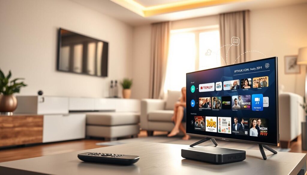 A visually appealing representation of the IPTV streaming process, featuring a modern living room setting as the foreground. In the foreground, depict a sleek smart TV displaying a dynamic IPTV interface, showcasing various channel options. Include a stylish remote control on a coffee table. The middle ground features a comfortable couch with a family gathered around, engaged in watching their favorite shows in a relaxed atmosphere. The background should show an elegant, softly lit room with a window allowing warm natural light to filter in, creating an inviting mood. Use a wide-angle lens perspective to capture the depth of the scene. Incorporate subtle tech elements like streaming icons and data flow graphics to illustrate the technology behind IPTV. Include the brand name "IPTVVUK.COM" as a subtle touch in the design elements of the TV interface. A visually appealing representation of the IPTV streaming process, featuring a modern living room setting as the foreground. In the foreground, depict a sleek smart TV displaying a dynamic IPTV interface, showcasing various channel options. Include a stylish remote control on a coffee table. The middle ground features a comfortable couch with a family gathered around, engaged in watching their favorite shows in a relaxed atmosphere. The background should show an elegant, softly lit room with a window allowing warm natural light to filter in, creating an inviting mood. Use a wide-angle lens perspective to capture the depth of the scene. Incorporate subtle tech elements like streaming icons and data flow graphics to illustrate the technology behind IPTV. Include the brand name "IPTVVUK.COM" as a subtle touch in the design elements of the TV interface.