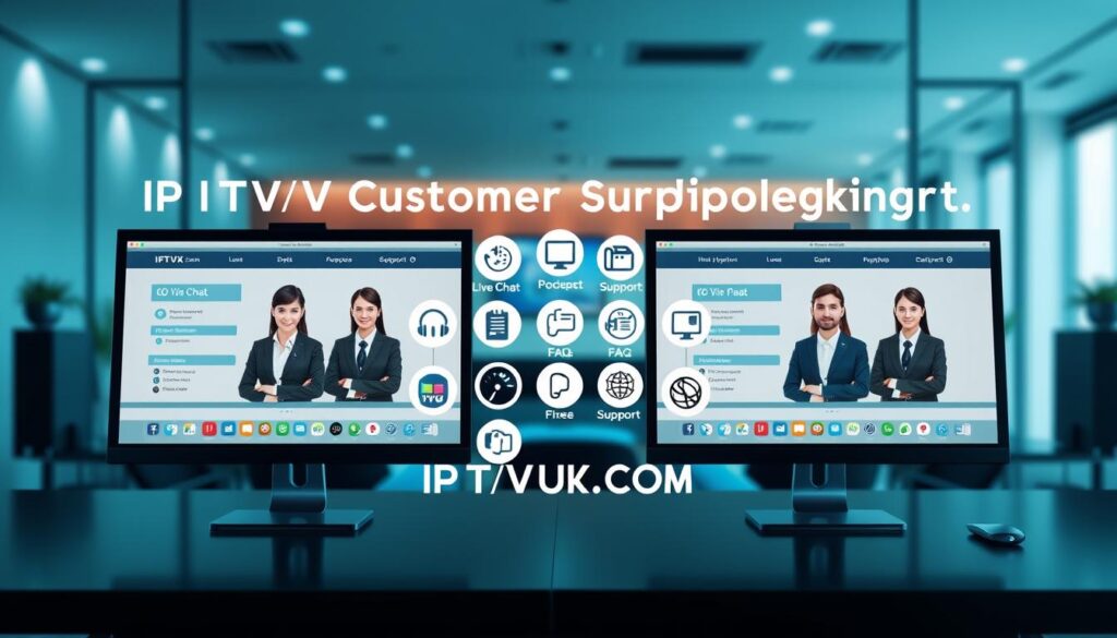 A visually compelling and informative image depicting a side-by-side comparison of various IPTV customer support services. In the foreground, present sleek computer screens displaying customer support interfaces, featuring avatars of professional support agents in business attire. In the middle, include various icons representing key features like live chat, phone support, and FAQs, artistically arranged. The background should feature a modern office setting with soft, diffused lighting, conveying a sense of professionalism and reliability. The overall mood should be informative yet approachable, making it clear this is a serious comparison for tech-savvy viewers. Prominently incorporate the brand name "IPTVVUK.COM" within the image to highlight the focus on IPTV services. A visually compelling and informative image depicting a side-by-side comparison of various IPTV customer support services. In the foreground, present sleek computer screens displaying customer support interfaces, featuring avatars of professional support agents in business attire. In the middle, include various icons representing key features like live chat, phone support, and FAQs, artistically arranged. The background should feature a modern office setting with soft, diffused lighting, conveying a sense of professionalism and reliability. The overall mood should be informative yet approachable, making it clear this is a serious comparison for tech-savvy viewers. Prominently incorporate the brand name "IPTVVUK.COM" within the image to highlight the focus on IPTV services.