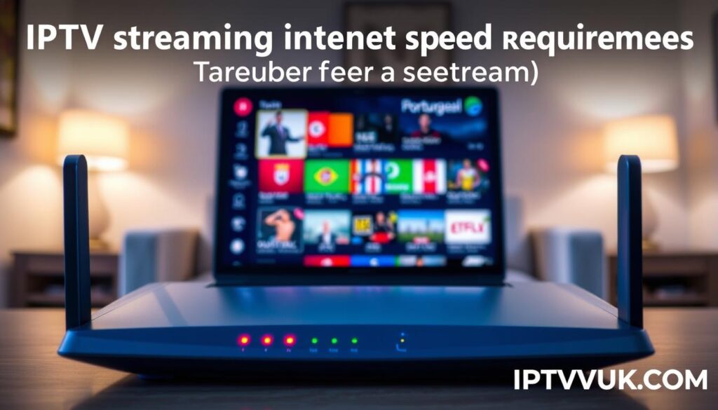 A visually engaging and informative image illustrating "IPTV streaming internet speed requirements" for buffer-free streaming. In the foreground, a sleek, modern router with multiple indicators lit up, showing strong connectivity. The middle ground features a laptop screen displaying streaming content, showcasing vibrant Portuguese channels, with a clear, crisp image. The background has a blurred living room setting with soft lighting, creating a cozy, relaxed atmosphere for binge-watching. The overall mood is inviting and tech-savvy, with a slight focus on speed and reliability. Use a realistic style, emphasizing clarity and detail, and ensure the inclusion of the brand name "IPTVVUK.COM" subtly in the corner. A visually engaging and informative image illustrating "IPTV streaming internet speed requirements" for buffer-free streaming. In the foreground, a sleek, modern router with multiple indicators lit up, showing strong connectivity. The middle ground features a laptop screen displaying streaming content, showcasing vibrant Portuguese channels, with a clear, crisp image. The background has a blurred living room setting with soft lighting, creating a cozy, relaxed atmosphere for binge-watching. The overall mood is inviting and tech-savvy, with a slight focus on speed and reliability. Use a realistic style, emphasizing clarity and detail, and ensure the inclusion of the brand name "IPTVVUK.COM" subtly in the corner.
