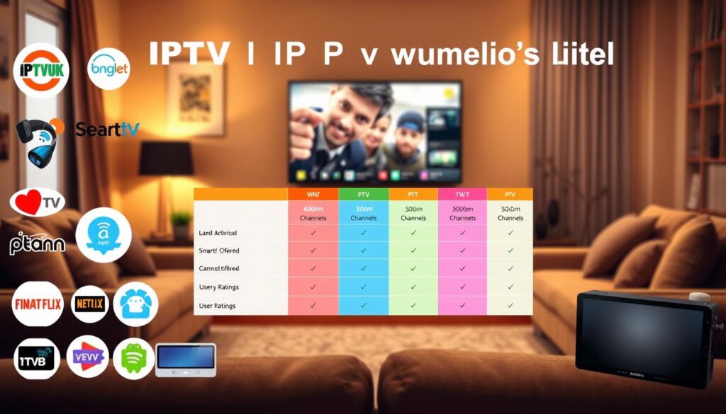 A visually engaging comparison chart illustrating different IPTV services available in the United States. In the foreground, include icons or logos of top IPTV providers like "IPTVVUK.COM" alongside representative imagery of streaming devices like smart TVs and tablets. In the middle ground, design a stylized chart with vibrant colors to represent features such as pricing, channels offered, and user ratings. The background should show a cozy living room setting with a modern television displaying a generic streaming interface. Utilize warm lighting to create an inviting atmosphere, while a slightly elevated angle adds a dynamic perspective. Aim for a professional and informative vibe, ensuring all elements work harmoniously to represent the topic clearly. A visually engaging comparison chart illustrating different IPTV services available in the United States. In the foreground, include icons or logos of top IPTV providers like "IPTVVUK.COM" alongside representative imagery of streaming devices like smart TVs and tablets. In the middle ground, design a stylized chart with vibrant colors to represent features such as pricing, channels offered, and user ratings. The background should show a cozy living room setting with a modern television displaying a generic streaming interface. Utilize warm lighting to create an inviting atmosphere, while a slightly elevated angle adds a dynamic perspective. Aim for a professional and informative vibe, ensuring all elements work harmoniously to represent the topic clearly.
