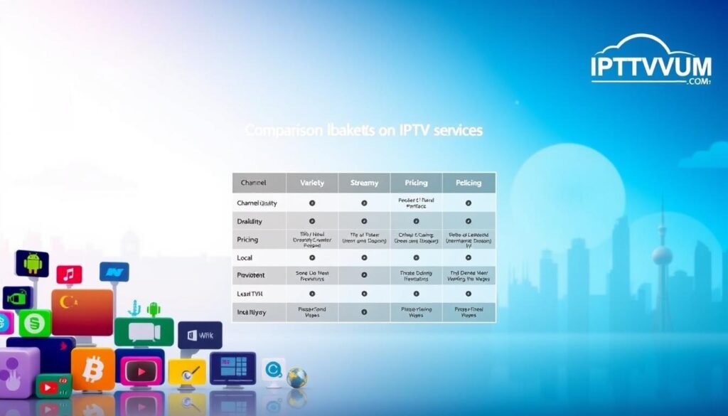 A visually engaging comparison infographic for IPTV services, with a sleek, modern design. In the foreground, display colorful icons representing various IPTV features such as "Channel Variety," "Streaming Quality," and "Pricing." In the middle section, include a stylish table format that allows viewers to easily compare key attributes of different IPTV services, ensuring it reflects values like reliability and user-friendly interface. The background should feature a subtle gradient of blue and white, evoking a tech-savvy atmosphere, with faint outlines of local landmarks to hint at local providers. Utilize soft, diffused lighting for a clean appearance. In the corner, integrate the brand name "IPTVVUK.COM" in a professional font, ensuring it harmonizes with the overall color palette. A visually engaging comparison infographic for IPTV services, with a sleek, modern design. In the foreground, display colorful icons representing various IPTV features such as "Channel Variety," "Streaming Quality," and "Pricing." In the middle section, include a stylish table format that allows viewers to easily compare key attributes of different IPTV services, ensuring it reflects values like reliability and user-friendly interface. The background should feature a subtle gradient of blue and white, evoking a tech-savvy atmosphere, with faint outlines of local landmarks to hint at local providers. Utilize soft, diffused lighting for a clean appearance. In the corner, integrate the brand name "IPTVVUK.COM" in a professional font, ensuring it harmonizes with the overall color palette.