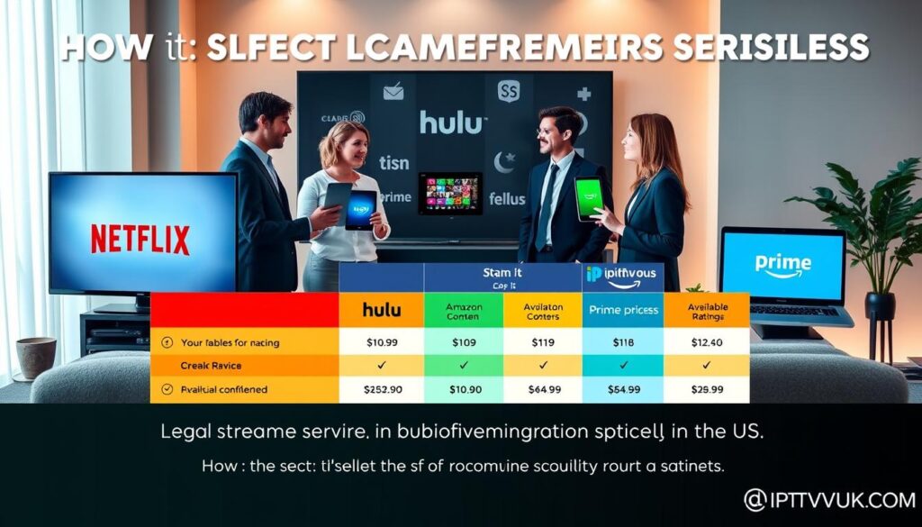 A visually engaging comparison of legal streaming services presented in a sleek infographic style. In the foreground, showcase a diverse group of professionals in business attire, discussing various devices like smart TVs, tablets, and laptops displaying logos of popular streaming services—Netflix, Hulu, Amazon Prime, and IPTVVUK.COM. The middle layer features a vibrant chart comparing subscription prices, available content, and user ratings, rendered in an elegant, easy-to-read format. In the background, a modern home entertainment setup with soft, diffused lighting emphasizes a cozy atmosphere, hinting at consumer comfort and choice. The overall mood is informative, inviting, and innovative, making it clear how to select the right streaming service legally in the US. A visually engaging comparison of legal streaming services presented in a sleek infographic style. In the foreground, showcase a diverse group of professionals in business attire, discussing various devices like smart TVs, tablets, and laptops displaying logos of popular streaming services—Netflix, Hulu, Amazon Prime, and IPTVVUK.COM. The middle layer features a vibrant chart comparing subscription prices, available content, and user ratings, rendered in an elegant, easy-to-read format. In the background, a modern home entertainment setup with soft, diffused lighting emphasizes a cozy atmosphere, hinting at consumer comfort and choice. The overall mood is informative, inviting, and innovative, making it clear how to select the right streaming service legally in the US.