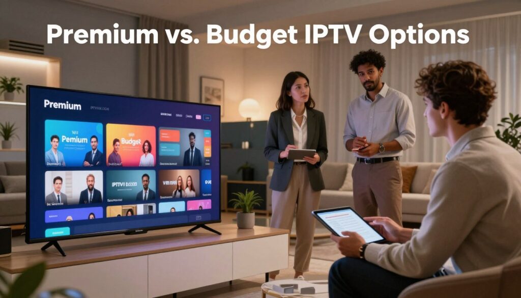 A visually engaging comparison scene showcasing "Premium vs. Budget IPTV Options." In the foreground, a sleek modern living room with two large flat-screen TVs side by side, one displaying a vibrant, high-quality streaming interface labeled "Premium" with bright colors and details, while the other, representing "Budget," features a simpler layout with muted tones. In the middle ground, a diverse group of three individuals—two men and one woman—dressed in professional business attire, engaged in discussion, studying the differences between the screens with notes and a tablet. In the background, a well-lit ambient setting with cozy furniture and subtle, modern decor. Soft lighting enhances the inviting atmosphere, creating a balanced and informative feel. Include branding subtly on the screens displaying "IPTVVUK.COM" without any text overlays. A visually engaging comparison scene showcasing "Premium vs. Budget IPTV Options." In the foreground, a sleek modern living room with two large flat-screen TVs side by side, one displaying a vibrant, high-quality streaming interface labeled "Premium" with bright colors and details, while the other, representing "Budget," features a simpler layout with muted tones. In the middle ground, a diverse group of three individuals—two men and one woman—dressed in professional business attire, engaged in discussion, studying the differences between the screens with notes and a tablet. In the background, a well-lit ambient setting with cozy furniture and subtle, modern decor. Soft lighting enhances the inviting atmosphere, creating a balanced and informative feel. Include branding subtly on the screens displaying "IPTVVUK.COM" without any text overlays.