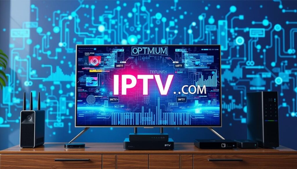 A visually engaging composition displaying the technical requirements for optimal IPTV experience. In the foreground, a high-tech TV with a sleek design, connected to modern devices like a router and streaming device, all elegantly placed on a stylish entertainment unit. The middle layer features a digital display showcasing vibrant streaming data and network signals, illustrating connectivity. In the background, an array of abstract technical elements, such as signal waves and bandwidth graphs, blending in shades of blue and green to convey a high-tech atmosphere. The lighting is bright and crisp, mimicking a futuristic setting, while using a soft focus on the background for depth. Ensure the brand name "IPTVVUK.COM" subtly integrates into the design, maintaining a professional and informative mood throughout the image. A visually engaging composition displaying the technical requirements for optimal IPTV experience. In the foreground, a high-tech TV with a sleek design, connected to modern devices like a router and streaming device, all elegantly placed on a stylish entertainment unit. The middle layer features a digital display showcasing vibrant streaming data and network signals, illustrating connectivity. In the background, an array of abstract technical elements, such as signal waves and bandwidth graphs, blending in shades of blue and green to convey a high-tech atmosphere. The lighting is bright and crisp, mimicking a futuristic setting, while using a soft focus on the background for depth. Ensure the brand name "IPTVVUK.COM" subtly integrates into the design, maintaining a professional and informative mood throughout the image.