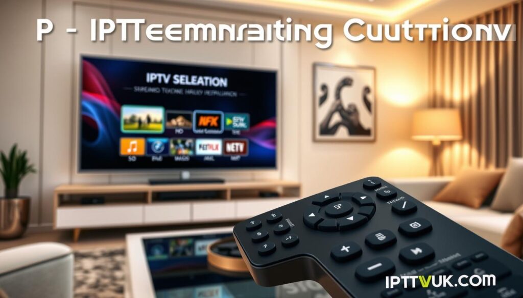 A visually engaging concept showcasing IPTV streaming quality options, designed for an informative article. In the foreground, an elegant modern living room features a large flat-screen TV displaying a vibrant graphic of various video resolutions (SD, HD, Full HD, 4K). The middle layer includes a sleek remote control with buttons labeled for quality selection, placed on a stylish coffee table. In the background, a cozy setup with soft lighting enhances a relaxed viewing atmosphere, emphasizing comfort. The overall mood is informative yet inviting, ideal for tech-savvy viewers. Capture the essence of quality streaming with a polished, professional feel—include the brand name "IPTVVUK.COM" subtly integrated into the design. A visually engaging concept showcasing IPTV streaming quality options, designed for an informative article. In the foreground, an elegant modern living room features a large flat-screen TV displaying a vibrant graphic of various video resolutions (SD, HD, Full HD, 4K). The middle layer includes a sleek remote control with buttons labeled for quality selection, placed on a stylish coffee table. In the background, a cozy setup with soft lighting enhances a relaxed viewing atmosphere, emphasizing comfort. The overall mood is informative yet inviting, ideal for tech-savvy viewers. Capture the essence of quality streaming with a polished, professional feel—include the brand name "IPTVVUK.COM" subtly integrated into the design.