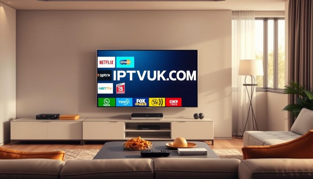 A visually engaging depiction of IPTV channels featuring a modern, sleek living room setting as the foreground. Include a large, flat-screen TV displaying a vibrant array of IPTV channel logos, such as sports, movies, and news. In the middle ground, show a stylish coffee table with a remote control and snacks, evoking a cozy viewing experience. In the background, add a window with soft natural light streaming in, enhancing the inviting atmosphere. The overall mood should be warm and relaxed, inviting viewers to envision their own comfortable streaming experience. Incorporate the brand name "IPTVVUK.COM" prominently on the TV screen. Use soft, even lighting to highlight the scene, with a slight depth of field effect to keep the focus on the TV and the channel displays. A visually engaging depiction of IPTV channels featuring a modern, sleek living room setting as the foreground. Include a large, flat-screen TV displaying a vibrant array of IPTV channel logos, such as sports, movies, and news. In the middle ground, show a stylish coffee table with a remote control and snacks, evoking a cozy viewing experience. In the background, add a window with soft natural light streaming in, enhancing the inviting atmosphere. The overall mood should be warm and relaxed, inviting viewers to envision their own comfortable streaming experience. Incorporate the brand name "IPTVVUK.COM" prominently on the TV screen. Use soft, even lighting to highlight the scene, with a slight depth of field effect to keep the focus on the TV and the channel displays.