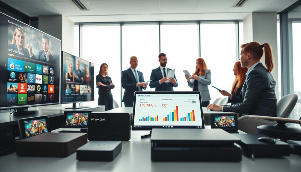 A visually engaging image depicting an IPTV service comparison in a sleek, modern setting. Foreground features an array of devices like smart TVs, tablets, and streaming boxes displaying dynamic user interfaces of various IPTV services, including the brand name "IPTVVUK.COM". In the middle ground, a diverse group of business professionals in smart attire are gathered around a stylish conference table, analyzing data charts and graphs related to streaming options. The background shows a contemporary office space with large windows, allowing soft, natural light to illuminate the scene. The atmosphere is professional and collaborative, emphasizing the importance of choosing the right IPTV service. A wide-angle lens captures the interaction among the people and the technology, creating a sense of depth and engagement. A visually engaging image depicting an IPTV service comparison in a sleek, modern setting. Foreground features an array of devices like smart TVs, tablets, and streaming boxes displaying dynamic user interfaces of various IPTV services, including the brand name "IPTVVUK.COM". In the middle ground, a diverse group of business professionals in smart attire are gathered around a stylish conference table, analyzing data charts and graphs related to streaming options. The background shows a contemporary office space with large windows, allowing soft, natural light to illuminate the scene. The atmosphere is professional and collaborative, emphasizing the importance of choosing the right IPTV service. A wide-angle lens captures the interaction among the people and the technology, creating a sense of depth and engagement.