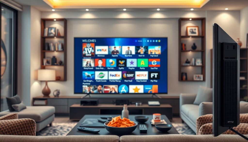 A visually engaging image representing IPTV streaming services titled "IPTVVUK.COM". In the foreground, a sleek, modern television is displaying a vibrant interface showcasing various streaming options, including movies, sports, and live TV channels. In the middle ground, a comfortable living room setting with a stylish sofa and a coffee table filled with remote controls and snacks, emphasizing a cozy viewing experience. In the background, soft ambient lighting creates a welcoming atmosphere, with shelves filled with DVDs and family photos. The room features neutral tones and warm accents, conveying a relaxed mood. Capture the essence of contemporary home entertainment, ensuring the setting feels inviting and inclusive, with no people depicted.