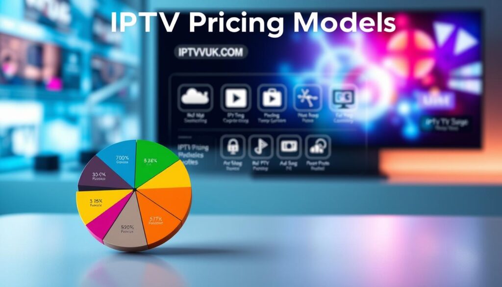 A visually engaging infographic illustrating "IPTV Pricing Models," set in a professional context. In the foreground, display a dynamic pie chart showcasing various pricing tiers with vibrant, contrasting colors. The middle layer should feature icons representing different IPTV services, such as subscription options, pay-per-view, and ad-supported models, arranged neatly. In the background, hint at a digital environment with abstract tech visuals or a soft-focus screen with streaming graphics, all bathed in ambient, cool lighting to create a modern atmosphere. Ensure a smooth, polished appearance, reminiscent of a corporate presentation. Include the brand name "IPTVVUK.COM" subtly integrated into the design without any captions or text overlays. A visually engaging infographic illustrating "IPTV Pricing Models," set in a professional context. In the foreground, display a dynamic pie chart showcasing various pricing tiers with vibrant, contrasting colors. The middle layer should feature icons representing different IPTV services, such as subscription options, pay-per-view, and ad-supported models, arranged neatly. In the background, hint at a digital environment with abstract tech visuals or a soft-focus screen with streaming graphics, all bathed in ambient, cool lighting to create a modern atmosphere. Ensure a smooth, polished appearance, reminiscent of a corporate presentation. Include the brand name "IPTVVUK.COM" subtly integrated into the design without any captions or text overlays.