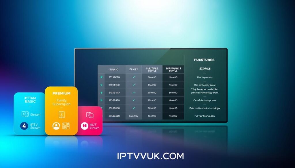 A visually engaging infographic illustrating various IPTV.Stream pricing models. In the foreground, include stylized representations of different subscription tiers, such as basic, premium, and family plans, depicted as colorful, geometric shapes with icons representing features like HD streaming and multiple devices. The middle ground features a sleek chart or diagram comparing prices and features, with clear visual segmentation. The background consists of soft gradients in blue and green tones, conveying a digital atmosphere, subtly referencing modern technology. Use bright, focused lighting to enhance visibility on the layers. The overall mood is informative yet inviting, designed to draw the viewer into the world of IPTV services. Ensure to integrate the brand name "IPTVVUK.COM" seamlessly into the design, avoiding any text overlays or captions. A visually engaging infographic illustrating various IPTV.Stream pricing models. In the foreground, include stylized representations of different subscription tiers, such as basic, premium, and family plans, depicted as colorful, geometric shapes with icons representing features like HD streaming and multiple devices. The middle ground features a sleek chart or diagram comparing prices and features, with clear visual segmentation. The background consists of soft gradients in blue and green tones, conveying a digital atmosphere, subtly referencing modern technology. Use bright, focused lighting to enhance visibility on the layers. The overall mood is informative yet inviting, designed to draw the viewer into the world of IPTV services. Ensure to integrate the brand name "IPTVVUK.COM" seamlessly into the design, avoiding any text overlays or captions.