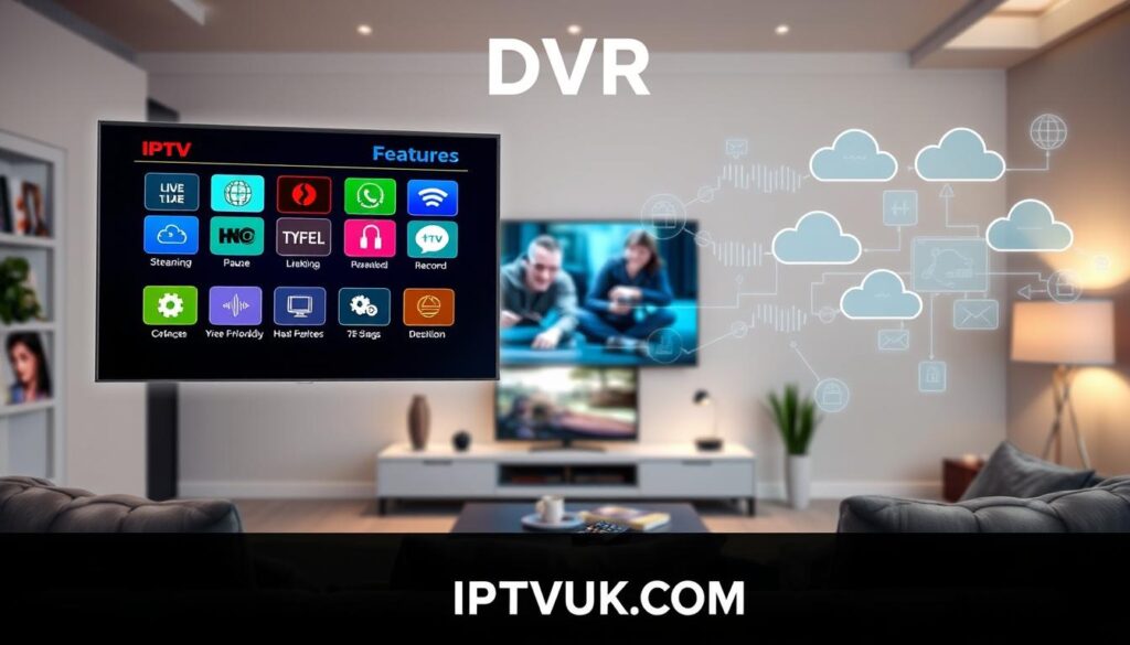 A visually engaging layout illustrating the key features of IPTV services, focusing on DVR capabilities. In the foreground, a sleek digital interface displays various IPTV features like live streaming, pause, rewind, and recording options, represented with vibrant icons. The middle layer includes a stylish living room with a modern television and a user interacting with a remote control, highlighting user-friendly navigation. In the background, there are abstract representations of high-speed internet connections and cloud storage, symbolizing reliability and accessibility. Soft, warm lighting enhances a cozy atmosphere and invites the viewer into this streaming experience. The composition projects professionalism and innovation, echoing the essence of IPTVVUK.COM. A visually engaging layout illustrating the key features of IPTV services, focusing on DVR capabilities. In the foreground, a sleek digital interface displays various IPTV features like live streaming, pause, rewind, and recording options, represented with vibrant icons. The middle layer includes a stylish living room with a modern television and a user interacting with a remote control, highlighting user-friendly navigation. In the background, there are abstract representations of high-speed internet connections and cloud storage, symbolizing reliability and accessibility. Soft, warm lighting enhances a cozy atmosphere and invites the viewer into this streaming experience. The composition projects professionalism and innovation, echoing the essence of IPTVVUK.COM.
