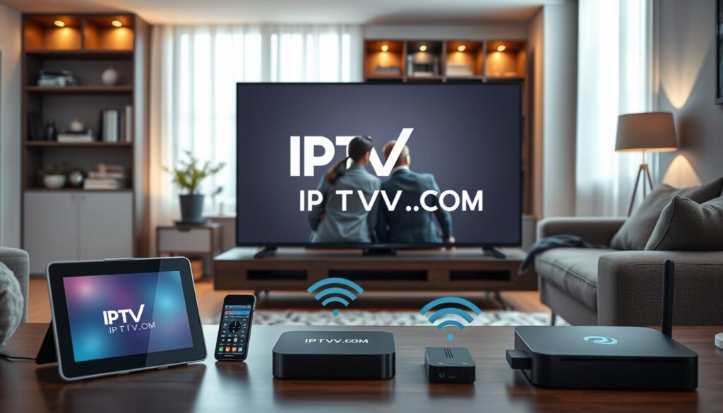 A visually engaging scene showcasing "device compatibility" centered around the theme of streaming. In the foreground, a sleek modern living room with a smart TV displaying the IPTVVUK.COM logo. A variety of devices such as a tablet, smartphone, and streaming box are artfully arranged around the TV, all connected wirelessly. In the middle ground, a cozy sofa with a couple dressed in professional business attire, observing the screen, engrossed in the content. The background features a stylish bookshelf and soft ambient lighting, creating a warm, inviting atmosphere. The focus is on the harmonious integration of technology in a home setting, emphasizing convenience and accessibility. Soft natural light filters in from a window, enhancing the overall clarity and brightness of the scene, shot from a slightly elevated angle to capture all elements effectively, ensuring a professional feel without any distractions. A visually engaging scene showcasing "device compatibility" centered around the theme of streaming. In the foreground, a sleek modern living room with a smart TV displaying the IPTVVUK.COM logo. A variety of devices such as a tablet, smartphone, and streaming box are artfully arranged around the TV, all connected wirelessly. In the middle ground, a cozy sofa with a couple dressed in professional business attire, observing the screen, engrossed in the content. The background features a stylish bookshelf and soft ambient lighting, creating a warm, inviting atmosphere. The focus is on the harmonious integration of technology in a home setting, emphasizing convenience and accessibility. Soft natural light filters in from a window, enhancing the overall clarity and brightness of the scene, shot from a slightly elevated angle to capture all elements effectively, ensuring a professional feel without any distractions.