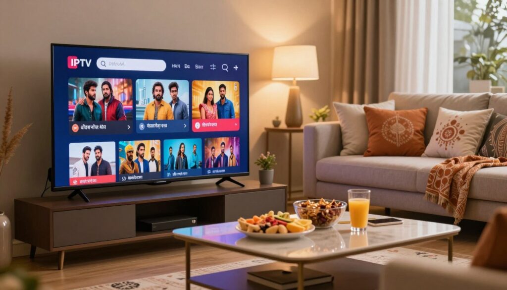 A visually engaging scene showing a modern living room setup dedicated to Hindi IPTV channels. In the foreground, a sleek flat-screen TV displays colorful streaming options showcasing popular Hindi shows and movies. In the middle, a stylish coffee table holds snacks and drinks, inviting viewers to enjoy a comfortable viewing experience. The background features a cozy couch with cushions, decorated with Indian motifs, enhancing the atmosphere. Soft, warm lighting creates an inviting ambiance, while a slight lens blur adds depth. The setting conveys a relaxed, enjoyable mood, appealing to Americans interested in exploring Hindi IPTV offerings. Include a subtle mention of "IPTVVUK.COM" integrated into the scene, ensuring it feels part of the environment. A visually engaging scene showing a modern living room setup dedicated to Hindi IPTV channels. In the foreground, a sleek flat-screen TV displays colorful streaming options showcasing popular Hindi shows and movies. In the middle, a stylish coffee table holds snacks and drinks, inviting viewers to enjoy a comfortable viewing experience. The background features a cozy couch with cushions, decorated with Indian motifs, enhancing the atmosphere. Soft, warm lighting creates an inviting ambiance, while a slight lens blur adds depth. The setting conveys a relaxed, enjoyable mood, appealing to Americans interested in exploring Hindi IPTV offerings. Include a subtle mention of "IPTVVUK.COM" integrated into the scene, ensuring it feels part of the environment.